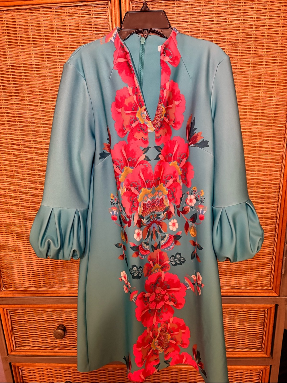 New York & Company Teal Dress with Bold Pink Floral Center Panel